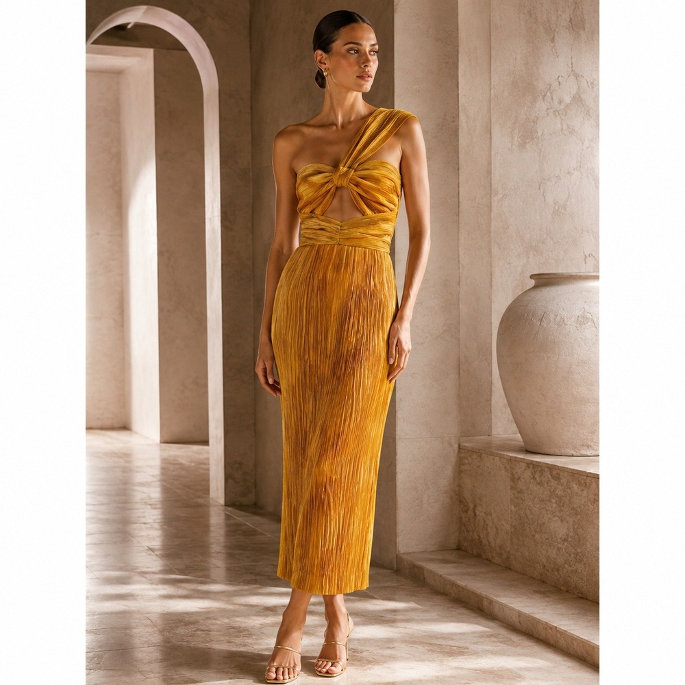 Alice McCall Dress Power Lady Pleated One‎ Shoulder Midi in Sunset Yellow Size 4